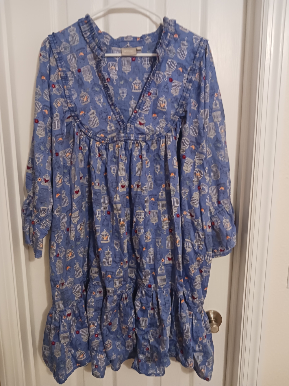 eshakti Blue Printed Dress  White Birdcages  and Red Accents Tiered Sz 1X